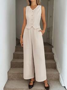 Easowa V 领不对称下摆纽扣前无袖衬衫背心和松紧腰侧袋阔腿裤套装，休闲宽松通勤风格，女士粗花呢面料 - 彩色 - 查看 5