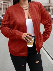 Easura Plus Size Women Solid Color Long Sleeve Zip-Up Casual Baseball Jacket, Autumn Fall Winter Cloth For Women