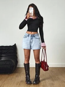 SHEIN Tall Shorts vaqueros lavados y desgastados con puños para tallas altas
