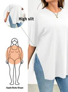 SHEIN Essnce Camiseta básica de manga corta con abertura en el bajo, estilo sencillo, para salir, aeropuerto, verano europeo, para mujeres de talla grande, de primavera y verano, moda casual, suelta y cómoda - Blanco - Ver 6