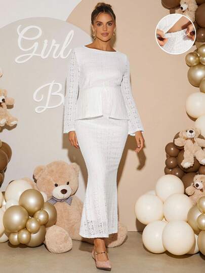 Loomaby Elegant Party Maternity Solid Color Lace Blouse & Mermaid Hem Skirt 2 Pieces Set  Gender Reveal Dress Maternity Dress Baby Shower Dress Baby Shower Dresses Maternity Baby Shower Dress Maternity Dresses For Baby Shower Legant Maternity Dresses For Baby Shower