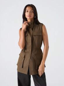 LYSMO 女士秋冬纯色单排扣工装口袋休闲无袖薄款夹克 - 棕色 - 查看 4