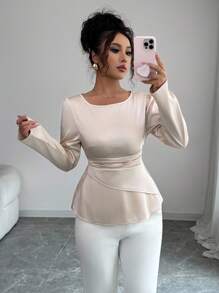 Elenzga Blusa elegante feminina de cetim com cintura marcada e manga comprida e gola redonda - Damasco - Ver 6