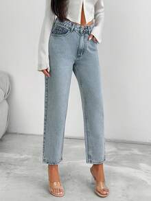 EURMUSE Quần jean Mom Fit cạp cao đính đá sáng màu chi tiết - Rửa nhẹ - Xem 3