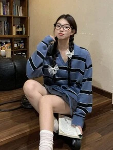 DAZY Women's Collared Korean Style Striped Casual Solid Color Back To School Long Sleeve Sweater Fall - Blue - View 8