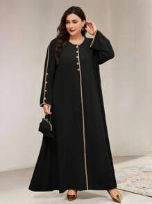 Veilorie 休闲宽松优雅长袖拼色大码女式阿拉伯连衣裙 - 黑色 - 查看 4