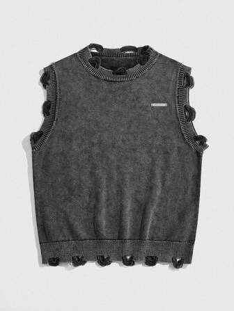 Grunge Punk Gilet tricoté col rond décontracté et délavé pour hommes