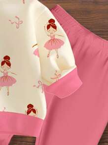 SHEIN 可爱卡通舞女蝴蝶结印花女婴休闲针织柔软厚圆领长袖运动衫和紧身裤套装 - 彩色 - 查看 5