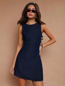 COSMINA 女士优雅度假牛仔镂空连衣裙，春夏 - 藏蓝色 - 查看 6