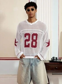 SWAVVY Men's Casual Knitted Numeric Print Long Sleeve Crew Neck Sweater - White - View 2