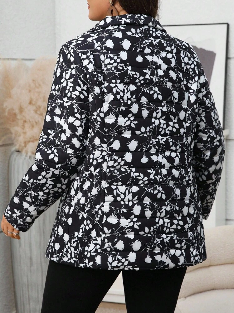 Plus Size Women's Comfortable Casual Black And White Floral Print Warm Cotton Jacket With Pockets, Winter Fashion Fall Clothes For Women Winter Clothes Autumn