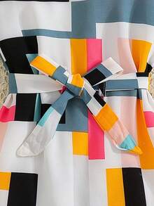 SHEIN Young Girl Geo Print Belted Dress - Multicolor - View 6