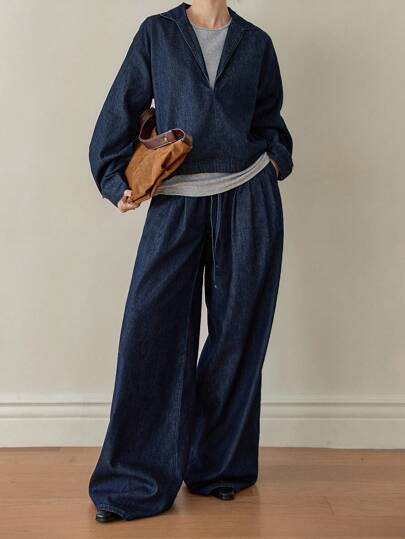 Dazy-Less 秋冬宽松商务休闲复古水洗原色深V领牛仔上衣和直筒休闲裤套装，女士牛仔套装，秋季女装