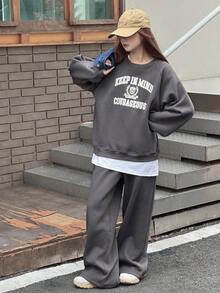 DAZY 少女休闲字母印花运动衫和运动裤套装秋季 - 深灰色 - 查看 5