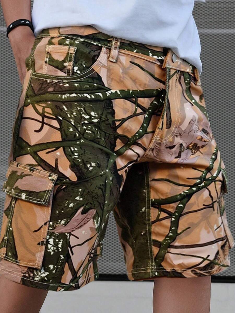 Manfinity EMRG Quần short denim thường ngày có túi hộp họa tiết nhánh cây dành cho nam - Nhiều màu - Xem 1