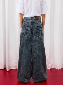 COUREZ 低腰超宽松水洗牛仔裤，后袋饰有蝴蝶结 / Y2K 低腰牛仔裤 秋季女装 秋季外出穿搭 低腰牛仔裤 - 藍色 - 查看 4