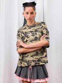 COUREZ Short Sleeve Boxy Camo T-Shirt / Fall Women Clothes Y2K Casual Graphic Tees