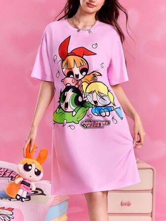 THE POWERPUFF GIRLS X SHEIN Bekväm och söt nattlinne med blommönster och bubblor för kvinnor, sommar, Moo Moo