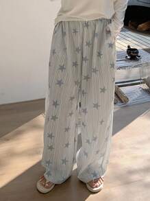 Dazy Plus 加大码弹力腰带条纹星形印花宽松直筒睡裤，适合秋冬季节，舒适保暖 - 白色 - 查看 6
