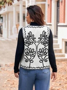 Vionelle Plus Size Contrast Color Embroidered Sleeveless Jacket - Multicolor - View 2