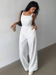 INAWLY Plus Size Women Loose Solid Color Casual Wide Leg Jumpsuit With Pockets - White - View 1