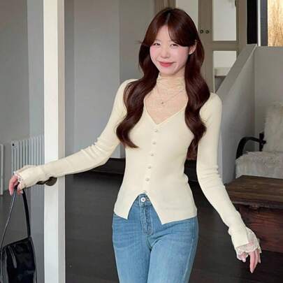 여성 레이스 패치워크 슬림핏 우아한 풀오버 스웨터 가을