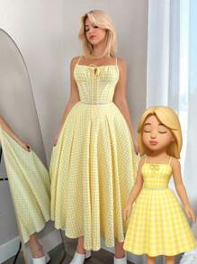 Sweetina Women's Yellow Plaid Spaghetti Strap Flowy A-Line Sundress, Sexy & Chic For Picnic, Casual Date, Vacation, Party, Home Yellow Gingham Dress Yellow Picnic Dress Lemon Dress Gingham Sundress Yellow Dress Fall Women Clothes - Multicolor - View 6