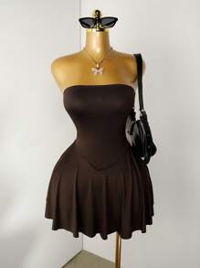 Mistrie Váy Bandeau màu trơn tối giản thời trang mùa hè dành cho nữ - Cà phê nâu - Xem 3