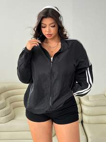 SHEIN EZwear 大码时尚百搭撞色条纹夹克 大码夹克 大码街头服饰 Y2k 大码夹克 大码运动夹克 大码秋冬外套 - 黑色 - 查看 6