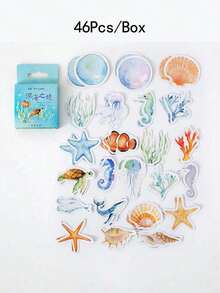1盒46张1.73英寸*1.73英寸海洋主题贴纸，包括海星、海马、珍珠和珊瑚贴纸，适用于剪贴簿、DIY装饰和封口、书籍、笔记本、水杯、绘画艺术装饰。 - 彩色 - 查看 6