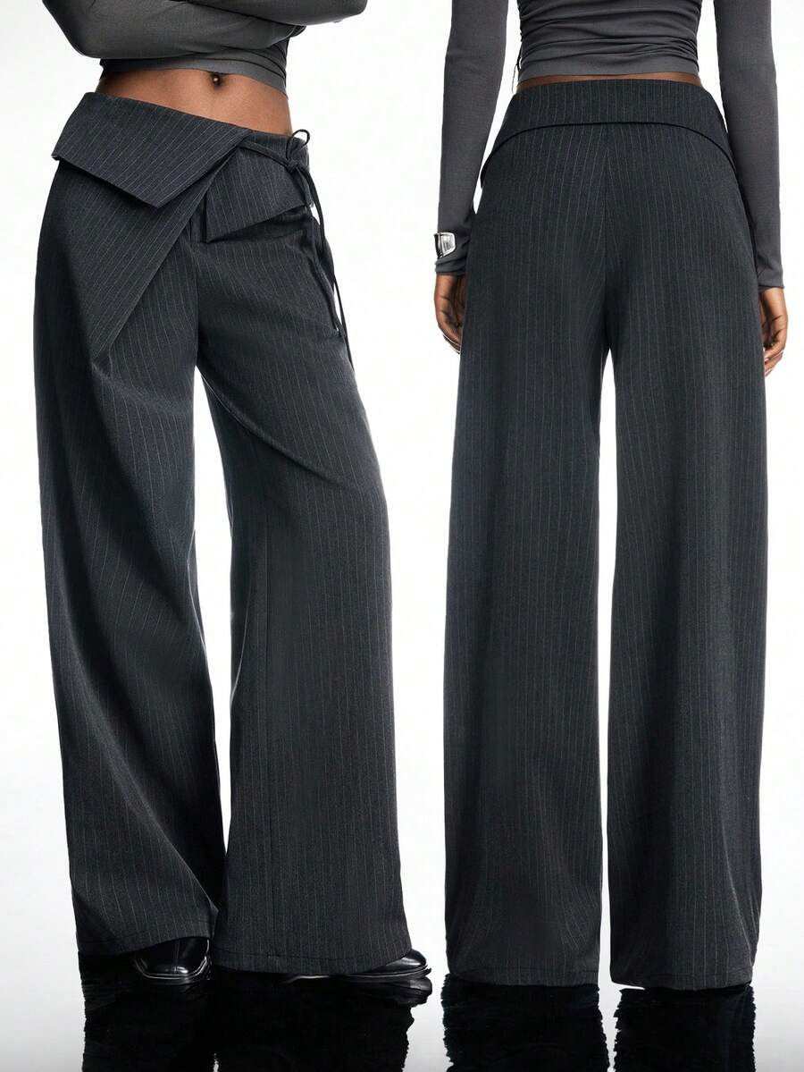 LYSMO Plus Size Vertical Striped Casual Suit Pants - Grey - View 1