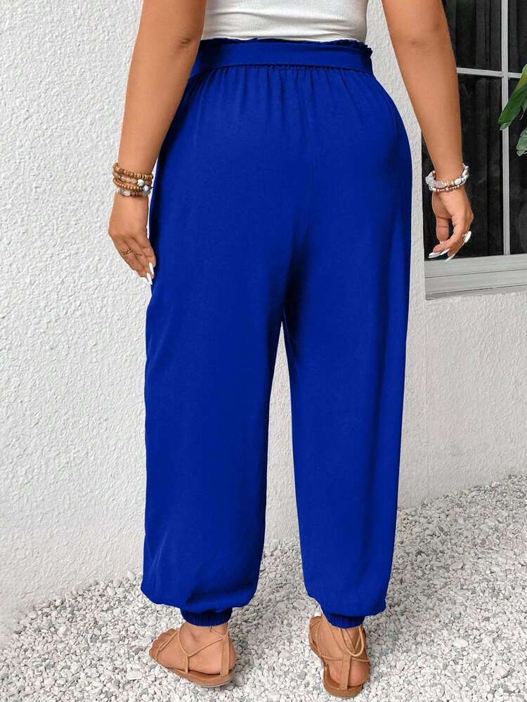 EURMUSE Große Größen schwarze Hose mit Rüschen an der Taille und verjüngtem Bein, Lässig - Königsblau - Übersicht 2