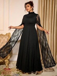 Cravure 永不过时：哥特式预科风，融入星期三的韵味。拥抱你内心的阴影，展现暗黑女性时尚。大码女式奢华派对宴会，优雅别致的设计，高端感修身披肩，超长袖蕾丝开衩，黑色高领长裙 - 黑色 - 查看 4