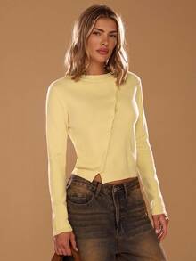 SHEIN BAE Women's Solid Color Oblique Collar Single-Breasted Casual Knitted Cardigan, Long Sleeve,Halloween,Halloween Clothes Women,Winter Clothes Women,Fall Sweaters,Fall Clothes For Women,Fall Fashion,Fall Women Sweaters, Yellow Sweater, Butter Yellow Top,Cute Sweater,