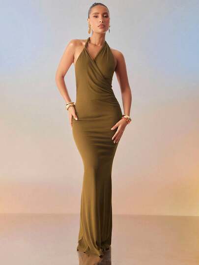 Hauture Vestido de verano de punto suave y cómodo con cuello retorcido y espalda abierta, sexy, para vacaciones y fiestas