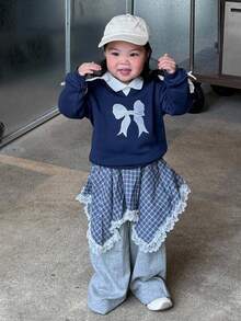 DAZY Baby Girls' Casual Bow & Striped Long Sleeve Sweatshirt, Korean Style, Spring/Autumn - Blue - View 5