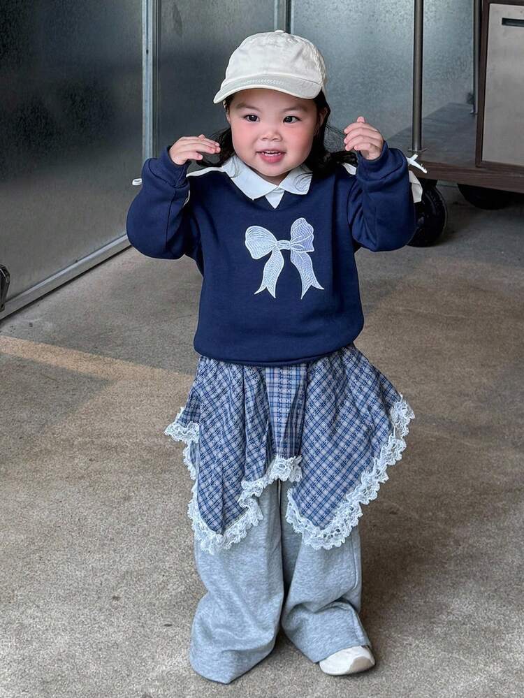 Baby Girls' Casual Bow & Striped Long Sleeve Sweatshirt, Korean Style, Spring/Autumn Toddler Girls Clothes