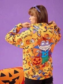 Nick 90s | SHEIN 女士休闲日常万圣节卡通图案连帽衫 - 橘色 - 查看 3