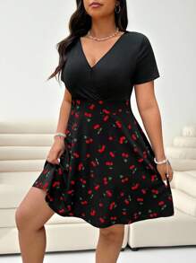 Solflare Plus Size Women Cherry Print V-Neck Short Sleeve Casual Dress, Suitable For Daily Wear, Spring/Summer
