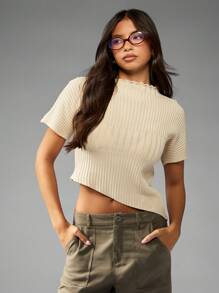 MISSGUIDED Ribbed Knit Mock Neck Crop Top Autumn Winter Short Sleeve Fitted Basic Sweater Casual Versatile Modern Minimalist Office Weekend Wear - Apricot - View 4