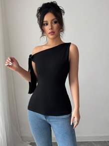 SHEIN PETITE Camiseta de mujer de unicolor elegante con hombros oblicuos y nudo, para verano - Negro - Ver 6
