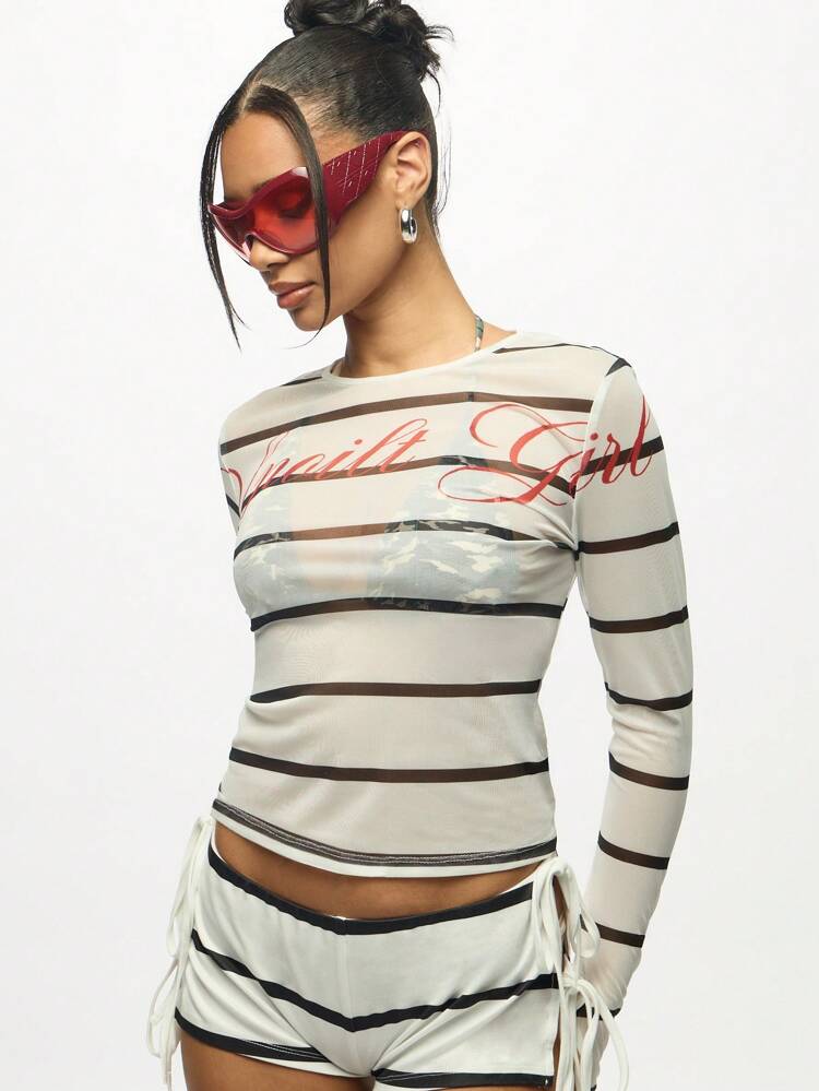 SUMWON WOMEN Striped Mesh Long Sleeve Crop Top With Text Print