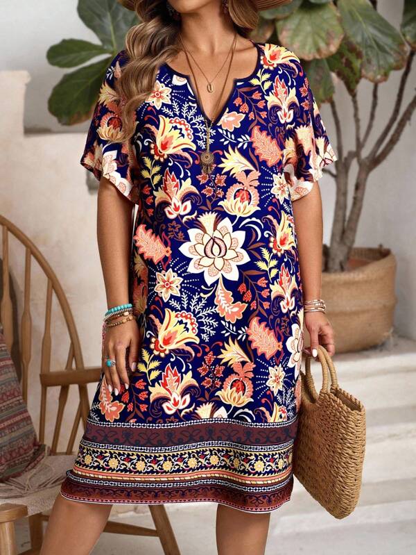 EMERY ROSE Vestido corto de manga corta con estampado floral en estilo campestre y casual para vacaciones para mujer de talla grande, regalo para la madre, atuendo de verano y vacaciones, simple y de moda para uso diario, vibras de vacaciones, primavera