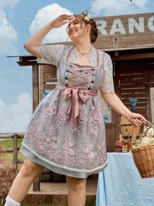 SHEIN Frenchy Plus Size Women Tie-Up Design Applique Mesh Hem Sleeveless Elegant Dirndl, German, Oktoberfest, Traditional Dress,Fall Clothes For Women - Multicolor - View 4