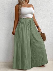 Breezaya Quần ống rộng dáng rộng màu trơn thắt eo xếp nếp dành cho nữ cỡ lớn - màu xanh lá - Xem 6