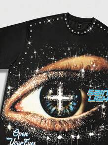 ROMWE MEN Street Life 男士印花眼睛水钻装饰圆领短袖 T 恤，中性夏季上衣，2000 年代风格 - 黑色 - 查看 4