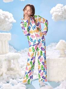 SHEIN X Care Bears 2pcs Tween Girl Cute All-Over Bear Print Button-Up Long Sleeve Shirt And Loose Knit Pants Pajama Set , Spring/Autumn - White - View 5