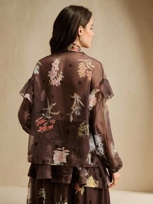 Anewsta Women's Floral Print Mesh Drop Shoulder Ruffle Trim Loose Fashion Blouse - Brown - View 2