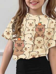 SHEIN Leap Crew 青少年女孩休闲简约短袖 T 恤和长裤两件套，适合夏季