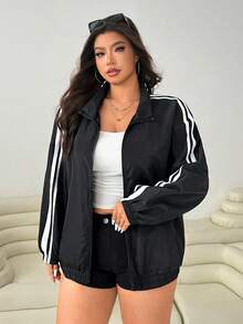 SHEIN EZwear 大码时尚百搭撞色条纹夹克 大码夹克 大码街头服饰 Y2k 大码夹克 大码运动夹克 大码秋冬外套 - 黑色 - 查看 4